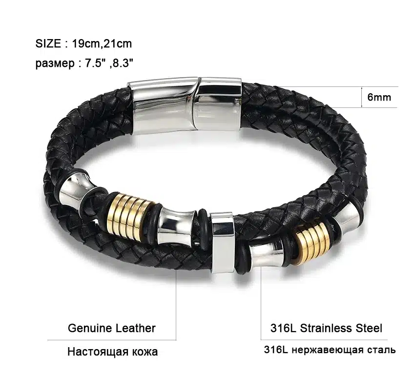 XQNI Fashion Men Bracelets Leather Stainless Steel Wristband Bangles Men Bracelets & Bangles Casual Style 16