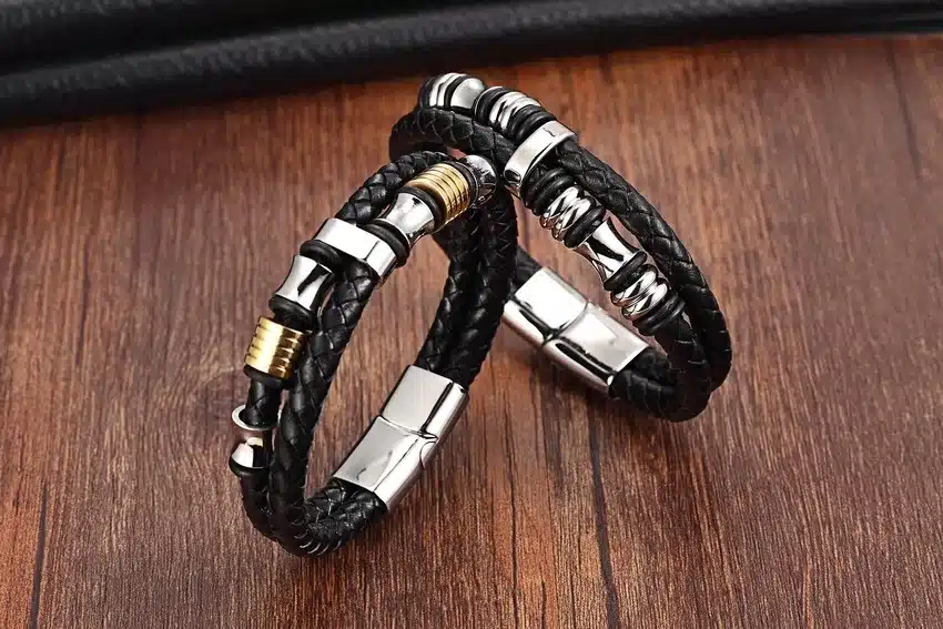 XQNI Fashion Men Bracelets Leather Stainless Steel Wristband Bangles Men Bracelets & Bangles Casual Style 17
