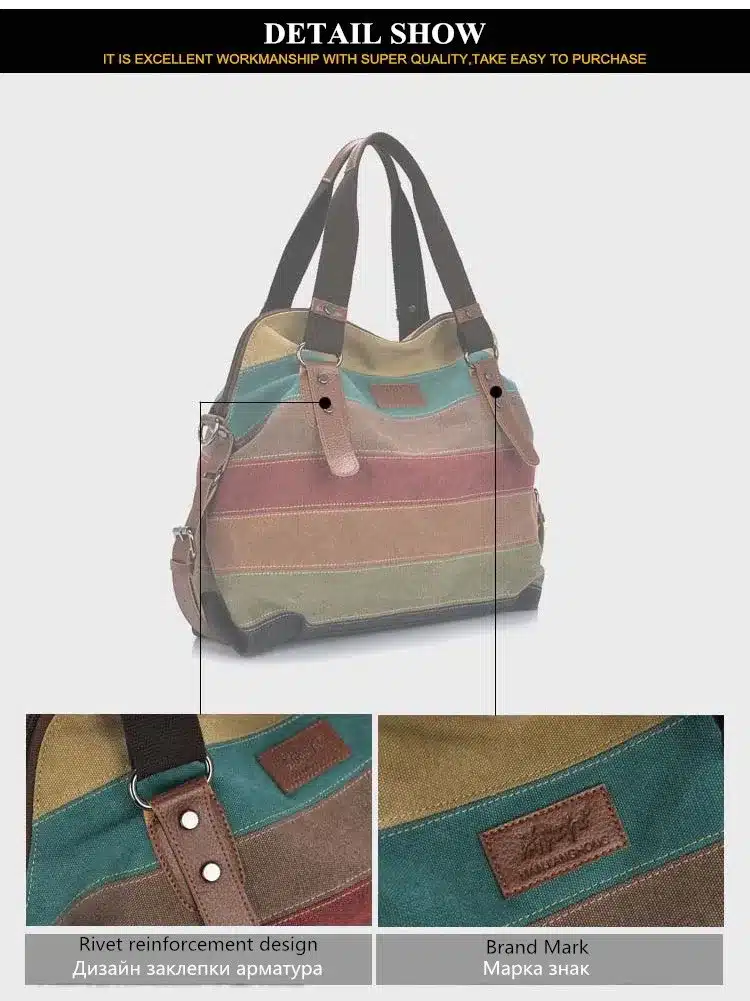 Fashion Canvas Bag Brand Women Handbag Classic Patchwork Casual Female Shoulder Bags Striped Rainbow Purse Pouch 2019 Spring 17