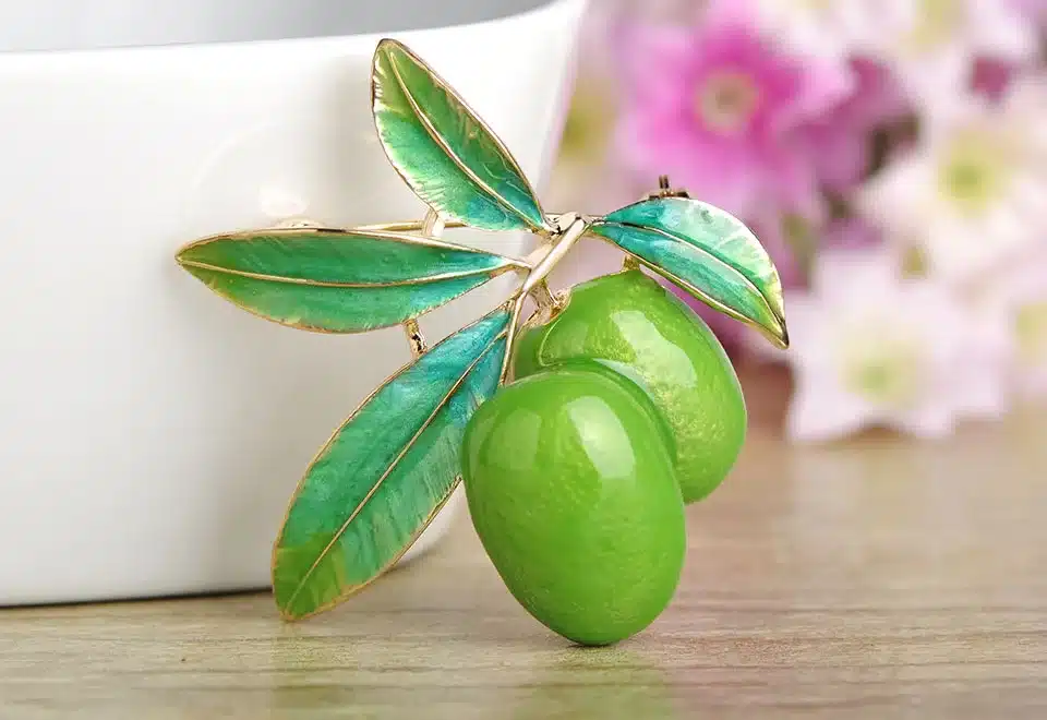 Blucome Green Fruit Olive Brooch Plum Shape Gold Color Enamel Corsages Pins Suit Coat Scarf Accessories Christmas Jewelry Gifts 13