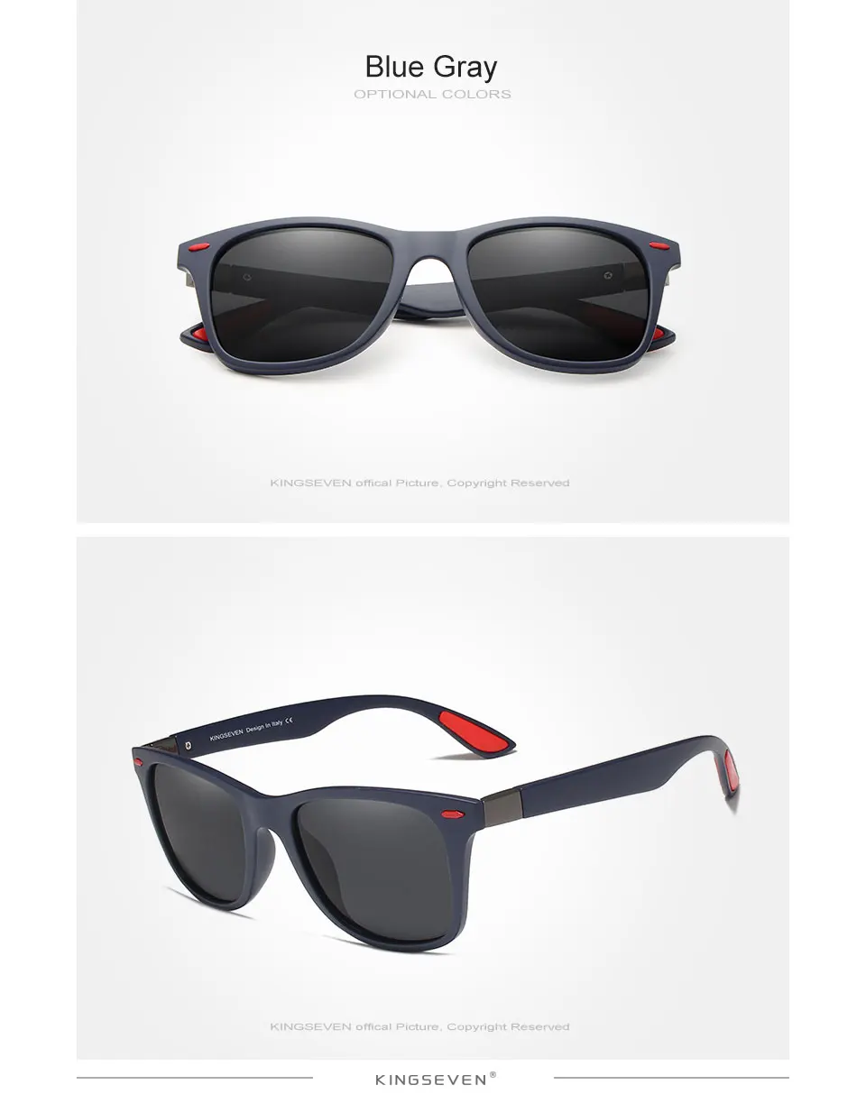 KINGSEVEN Brand Classic Mens Polarized Square Sunglasses Mirror Lens Unisex Sun Glasses Black Frame Eyewear 20