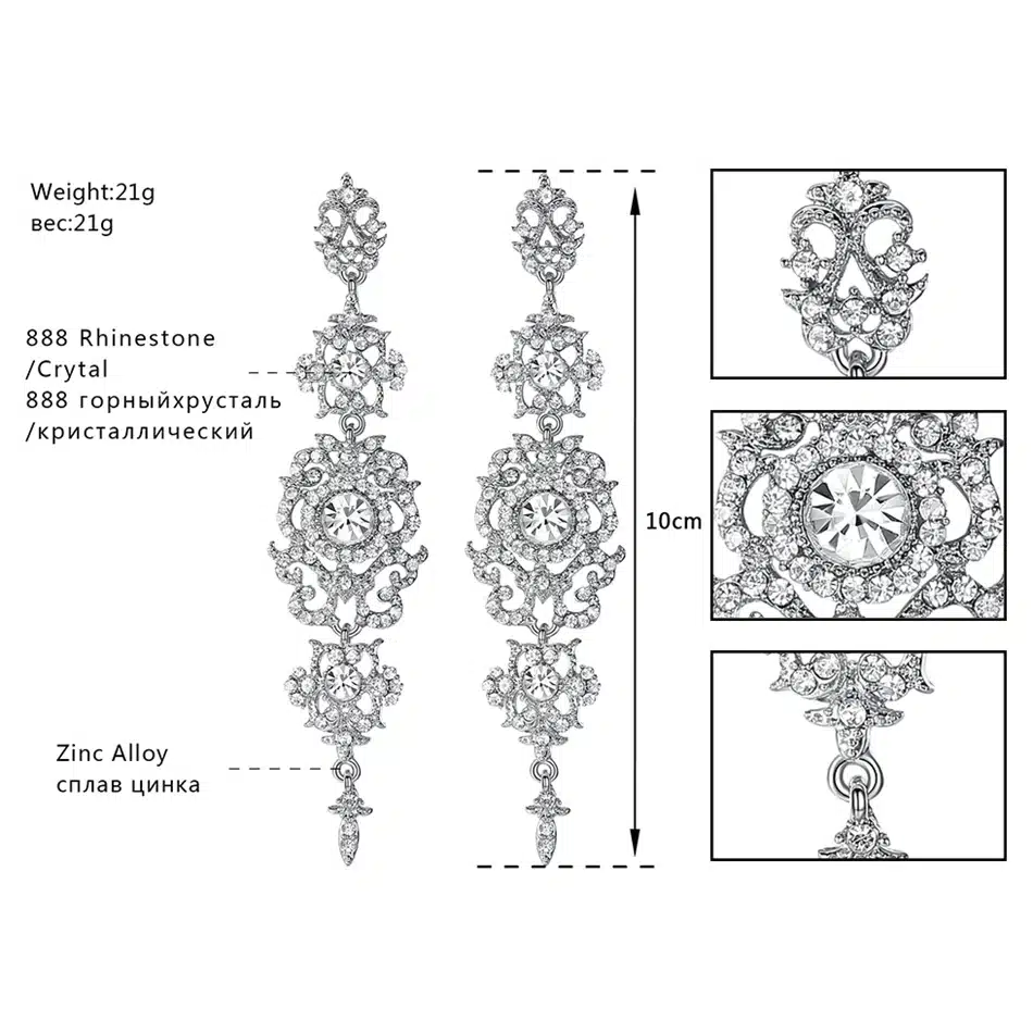 Minmin Silver Color Crystal Wedding Long Earrings Floral Shape Chandelier Earrings for Women Brides Bridesmaid Christmas EH182 21