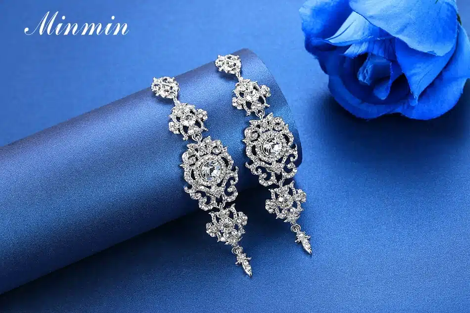 Minmin Silver Color Crystal Wedding Long Earrings Floral Shape Chandelier Earrings for Women Brides Bridesmaid Christmas EH182 22