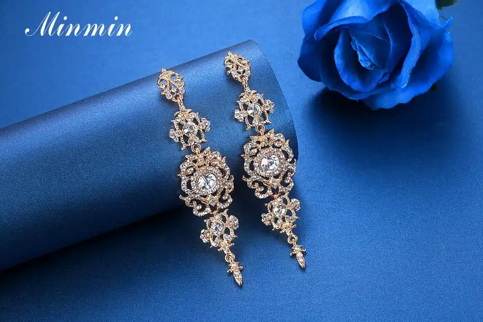 Minmin Silver Color Crystal Wedding Long Earrings Floral Shape Chandelier Earrings for Women Brides Bridesmaid Christmas EH182 23