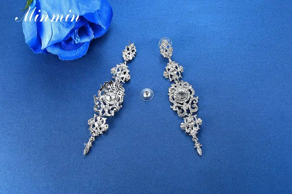 Minmin Silver Color Crystal Wedding Long Earrings Floral Shape Chandelier Earrings for Women Brides Bridesmaid Christmas EH182 24