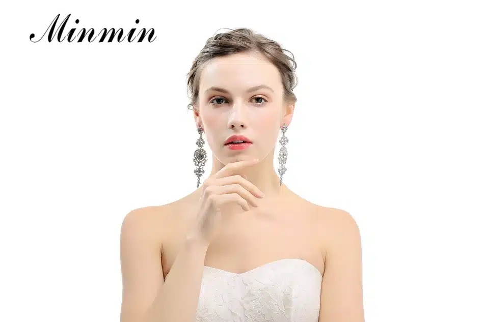 Minmin Silver Color Crystal Wedding Long Earrings Floral Shape Chandelier Earrings for Women Brides Bridesmaid Christmas EH182 25