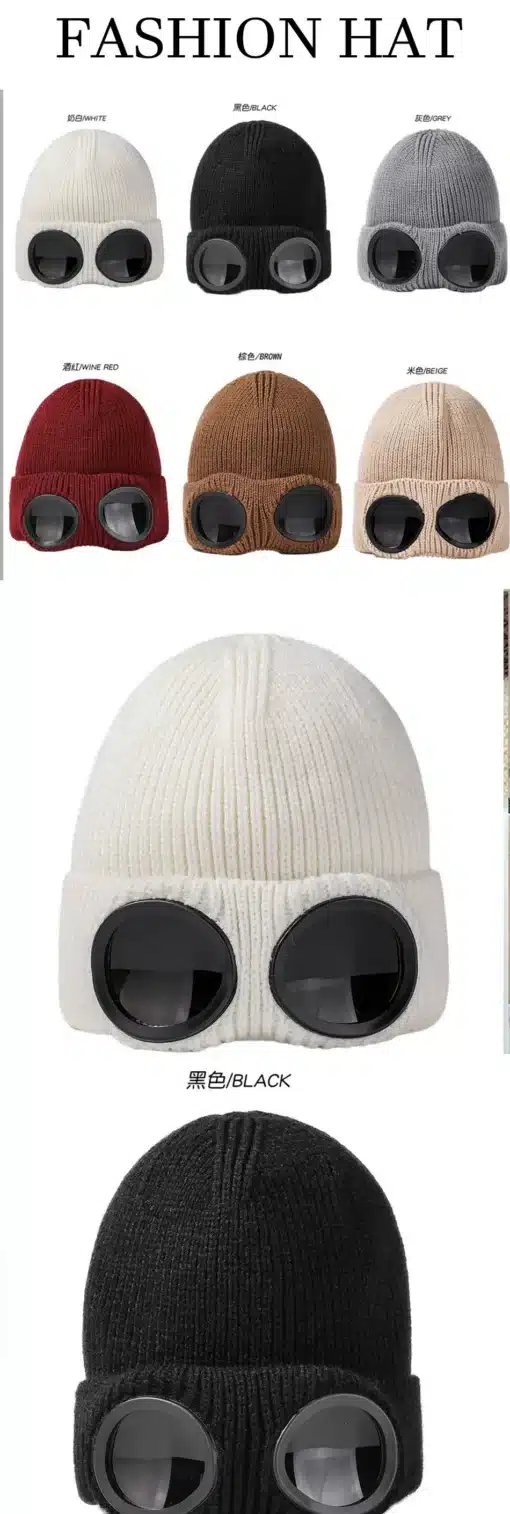 Mitmes värvitoonis Soe prillidega mütsid, sealhulgas valge, must, hall, veinipunane, pruun ja beež. Kõik mütsid on valmistatud pehmest materjalist, mille külge on kinnitatud ümarad prillid, pakkudes unikaalset ja trendikat ilmet.