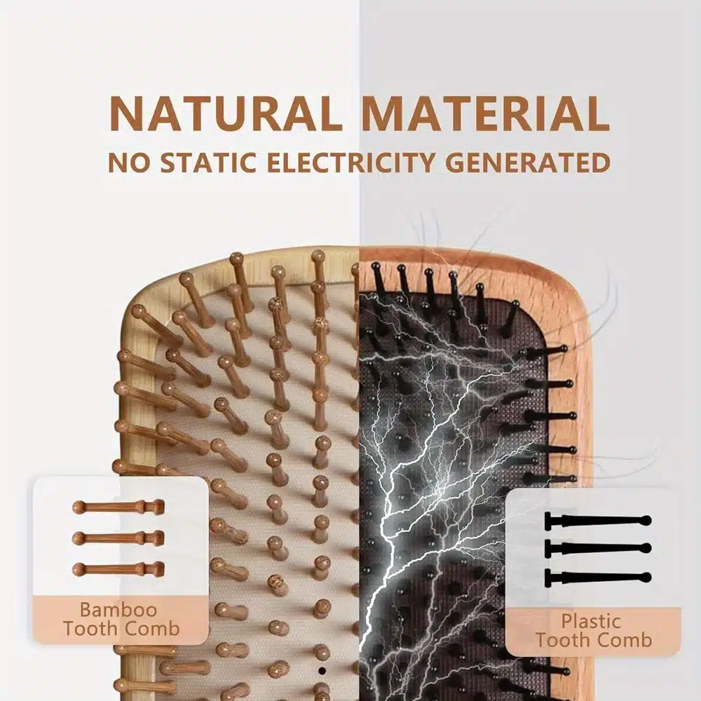 Pilt näitab bambusest valmistatud masseerivat juukseharja, mille pruunid harjased on vasakul ja plastist harjad paremal. Taustal on esile toodud bambuse loomulik eelis, vältides staatilist elektrit, mida plast tekitab.