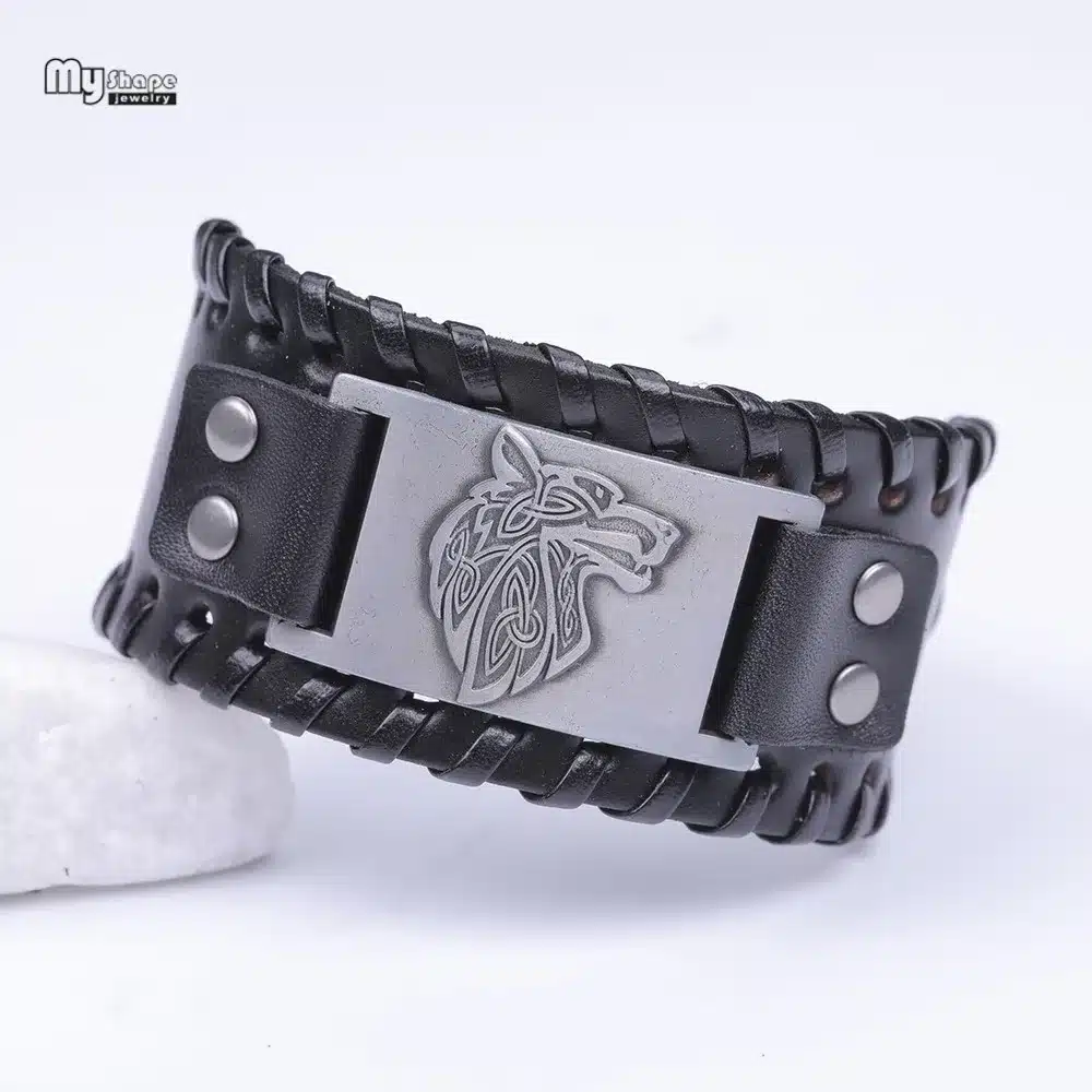 My Shape Vintage Religion Bangle Viking Wolf Bracelet Men Wide Genuine Leather Strap Bracelets Bangles Totem Jewery Accessories 16