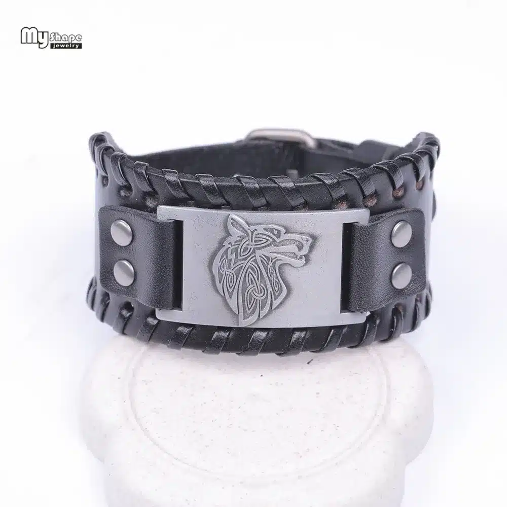 My Shape Vintage Religion Bangle Viking Wolf Bracelet Men Wide Genuine Leather Strap Bracelets Bangles Totem Jewery Accessories 17