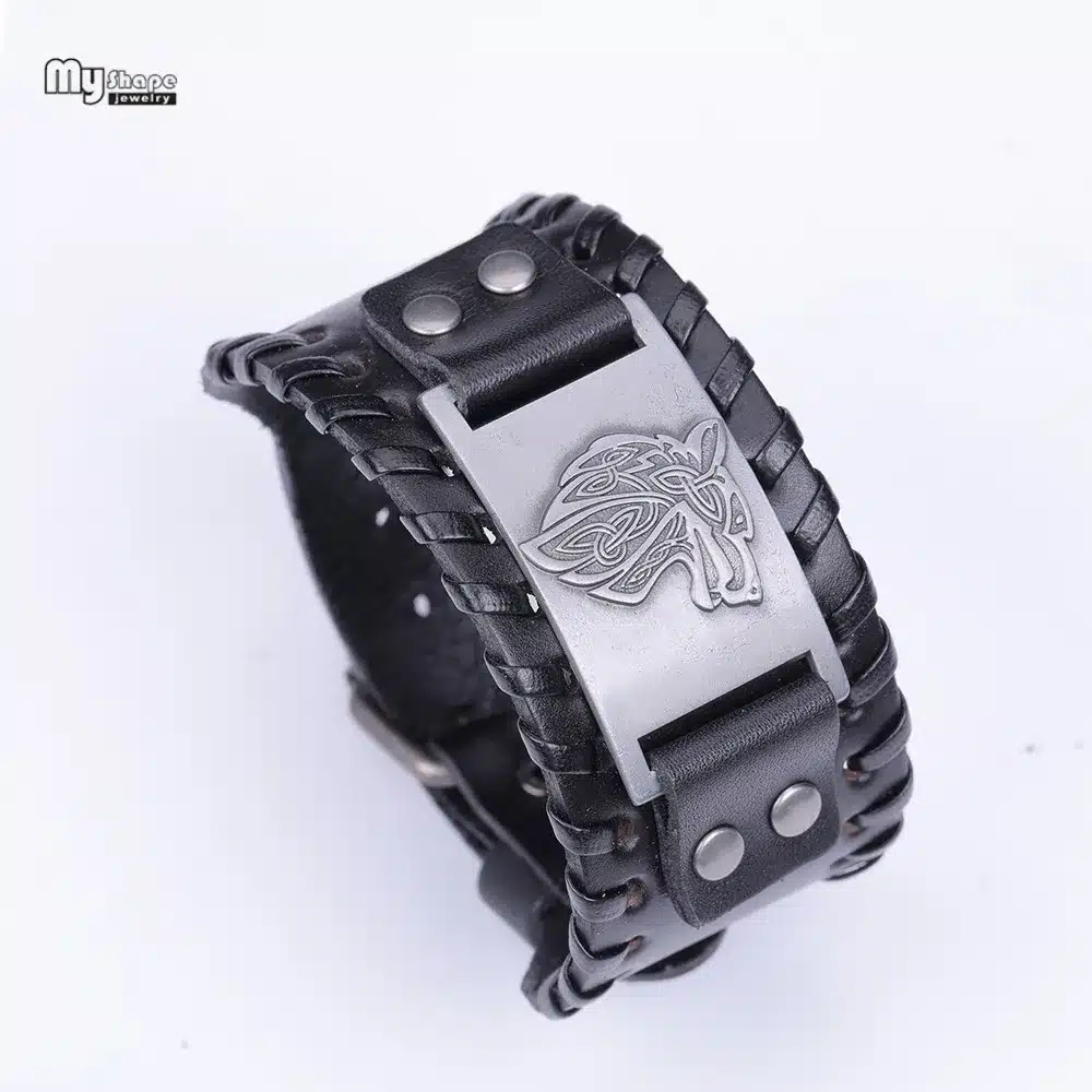 My Shape Vintage Religion Bangle Viking Wolf Bracelet Men Wide Genuine Leather Strap Bracelets Bangles Totem Jewery Accessories 18