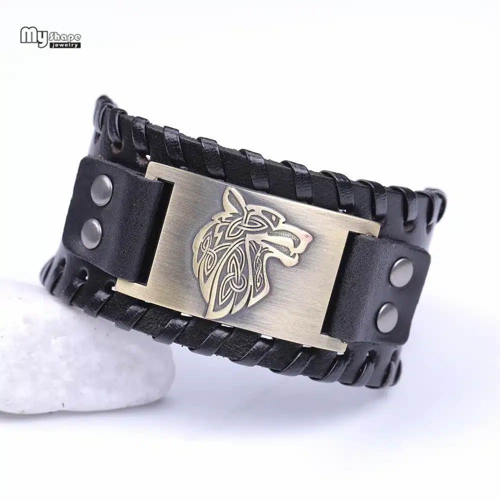 My Shape Vintage Religion Bangle Viking Wolf Bracelet Men Wide Genuine Leather Strap Bracelets Bangles Totem Jewery Accessories 19