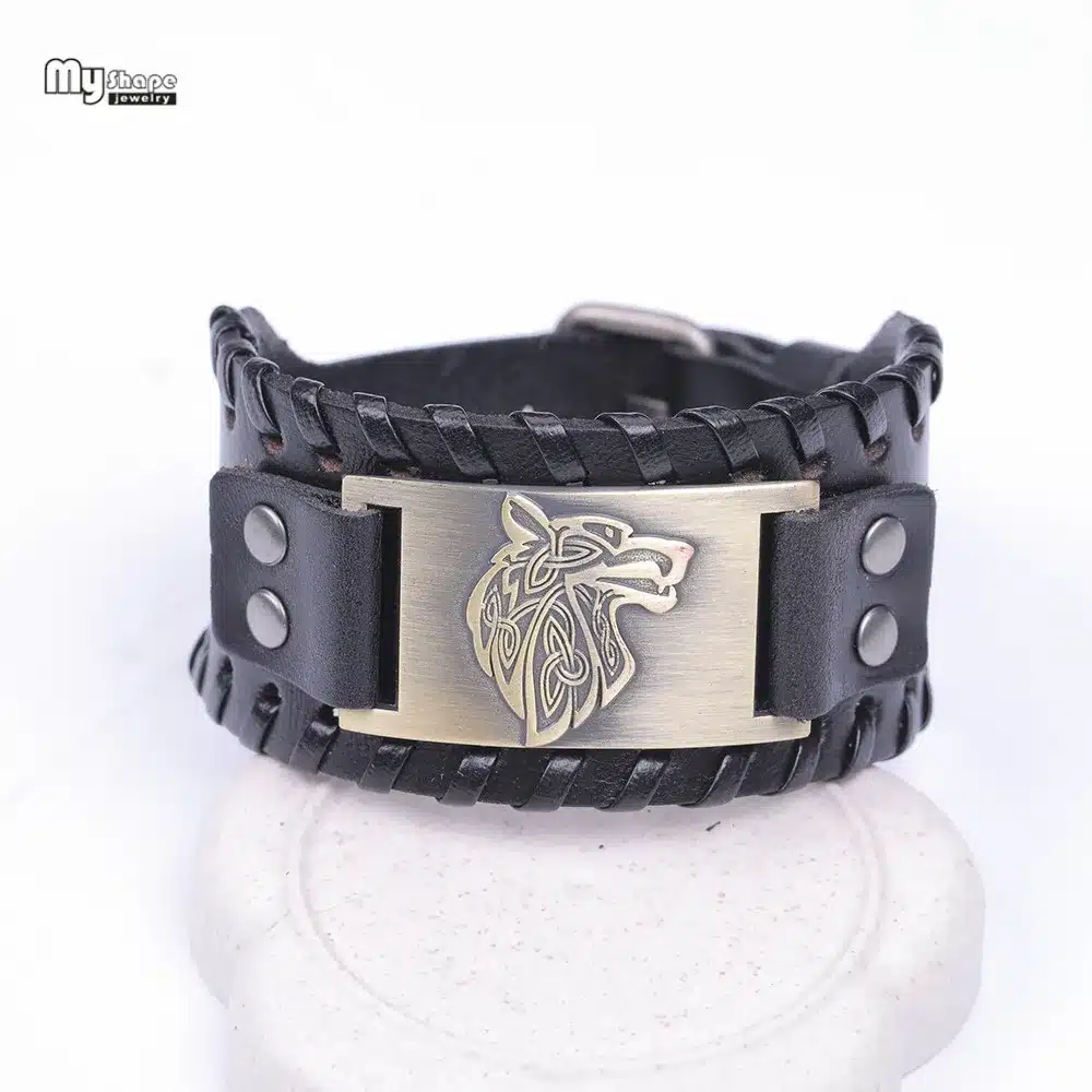 My Shape Vintage Religion Bangle Viking Wolf Bracelet Men Wide Genuine Leather Strap Bracelets Bangles Totem Jewery Accessories 20