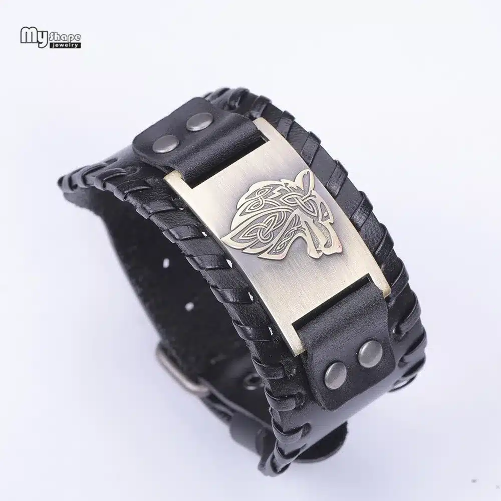 My Shape Vintage Religion Bangle Viking Wolf Bracelet Men Wide Genuine Leather Strap Bracelets Bangles Totem Jewery Accessories 21