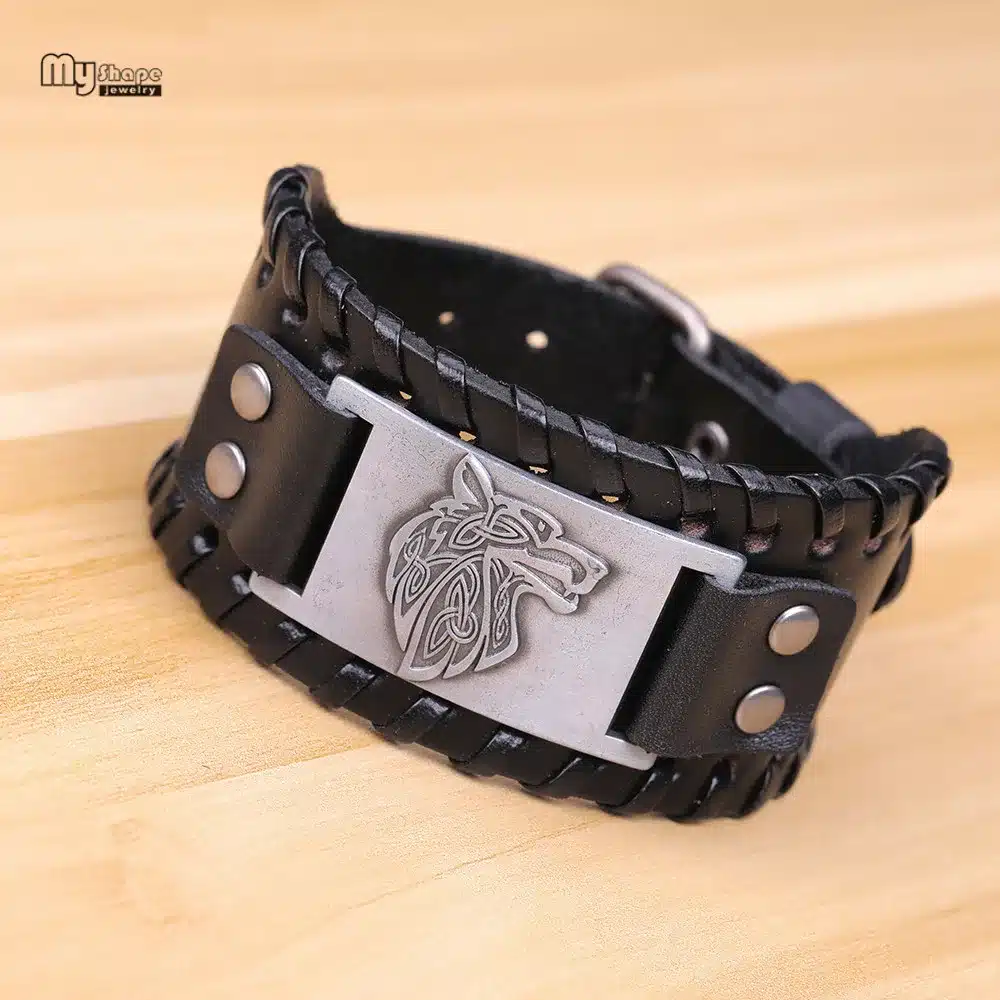 My Shape Vintage Religion Bangle Viking Wolf Bracelet Men Wide Genuine Leather Strap Bracelets Bangles Totem Jewery Accessories 32