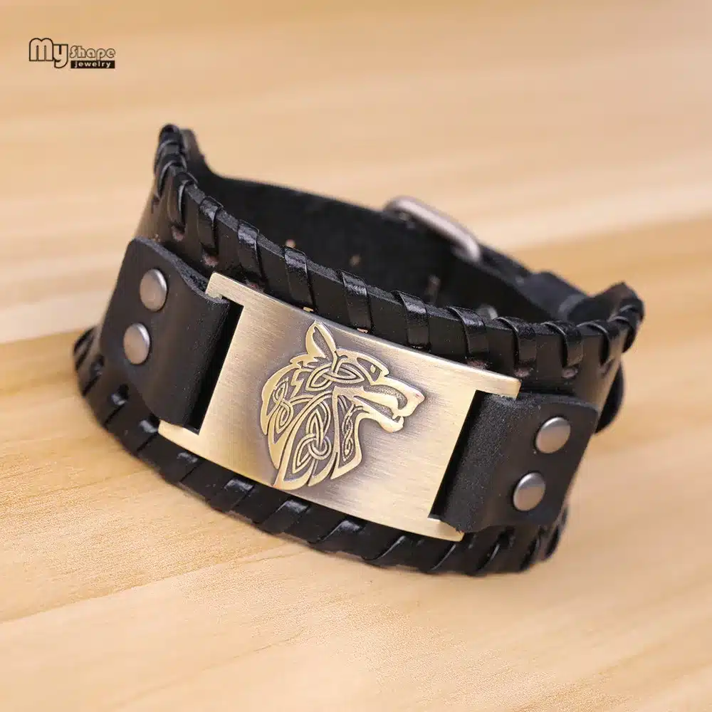 My Shape Vintage Religion Bangle Viking Wolf Bracelet Men Wide Genuine Leather Strap Bracelets Bangles Totem Jewery Accessories 34