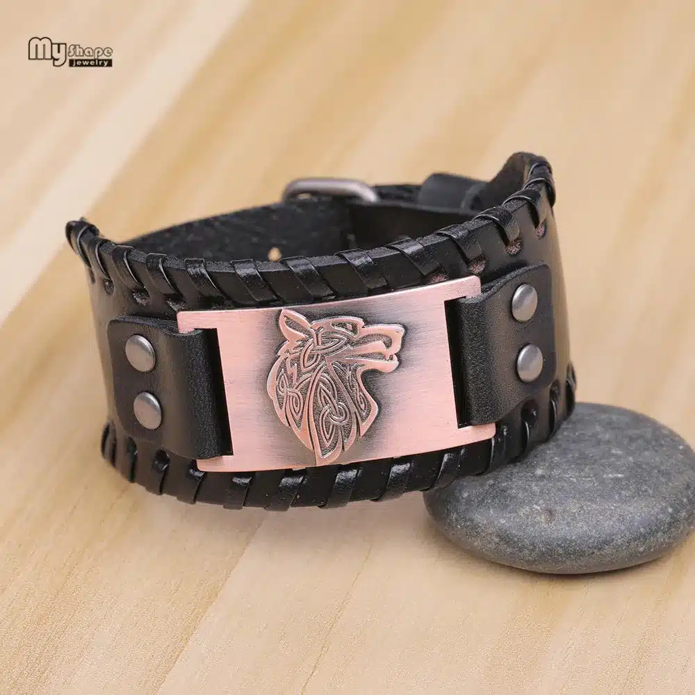My Shape Vintage Religion Bangle Viking Wolf Bracelet Men Wide Genuine Leather Strap Bracelets Bangles Totem Jewery Accessories 35