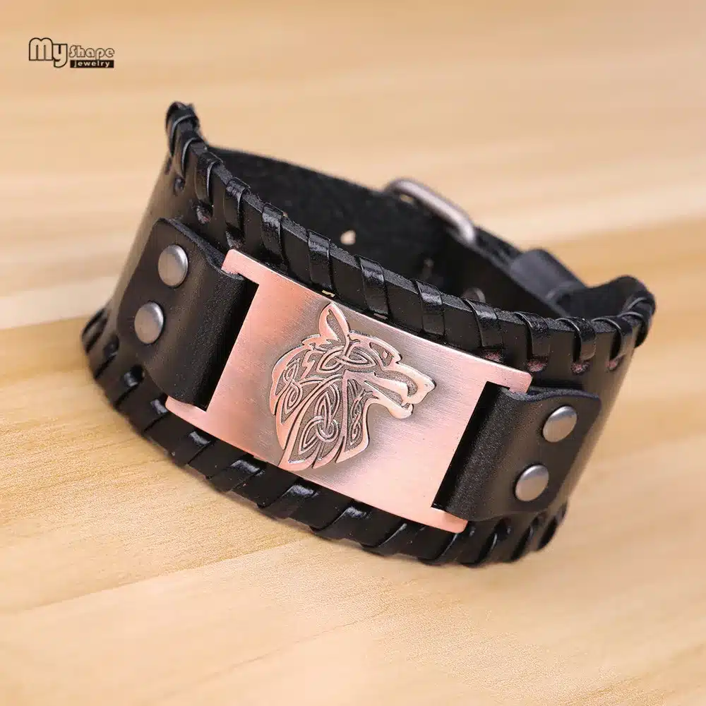 My Shape Vintage Religion Bangle Viking Wolf Bracelet Men Wide Genuine Leather Strap Bracelets Bangles Totem Jewery Accessories 36