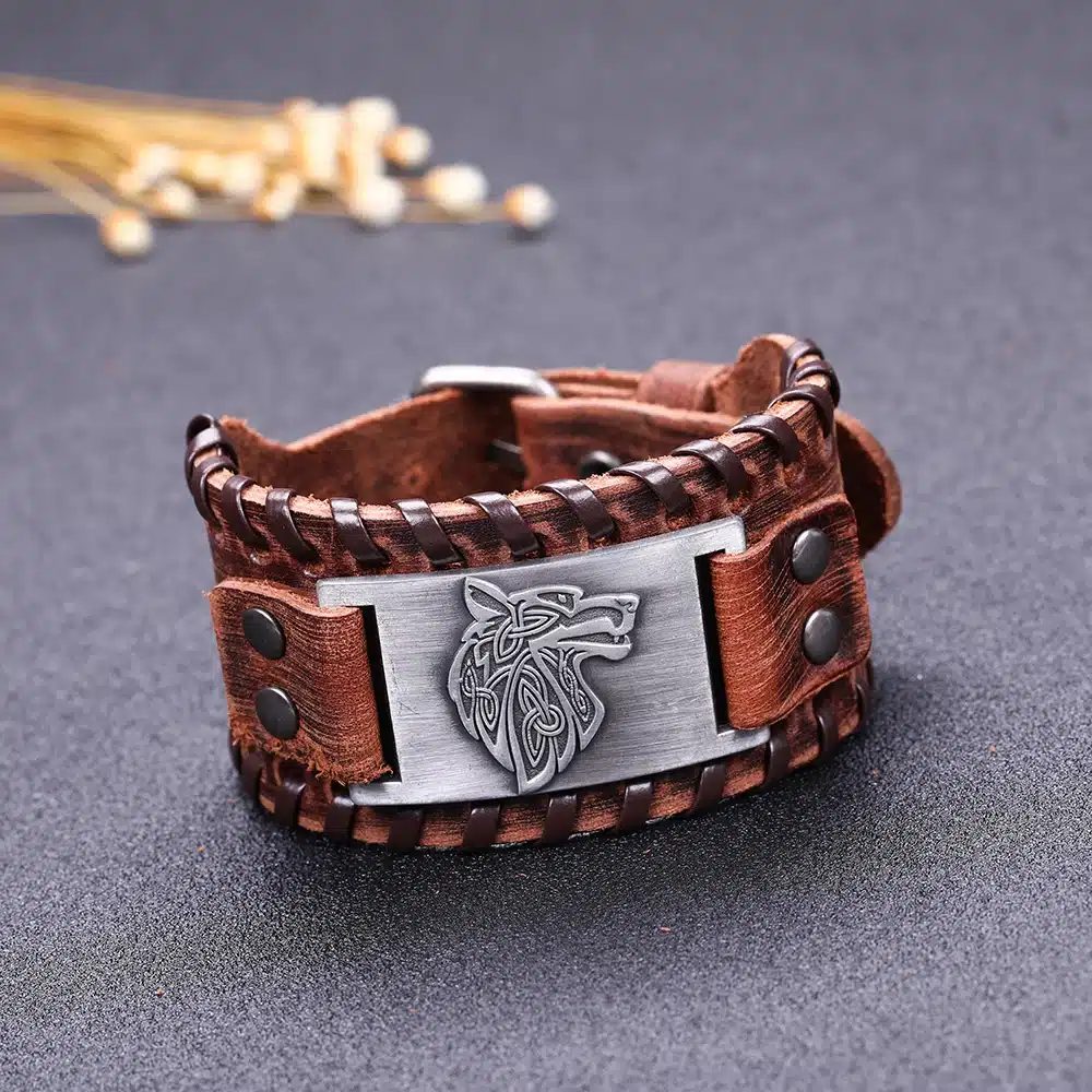 My Shape Vintage Religion Bangle Viking Wolf Bracelet Men Wide Genuine Leather Strap Bracelets Bangles Totem Jewery Accessories 38