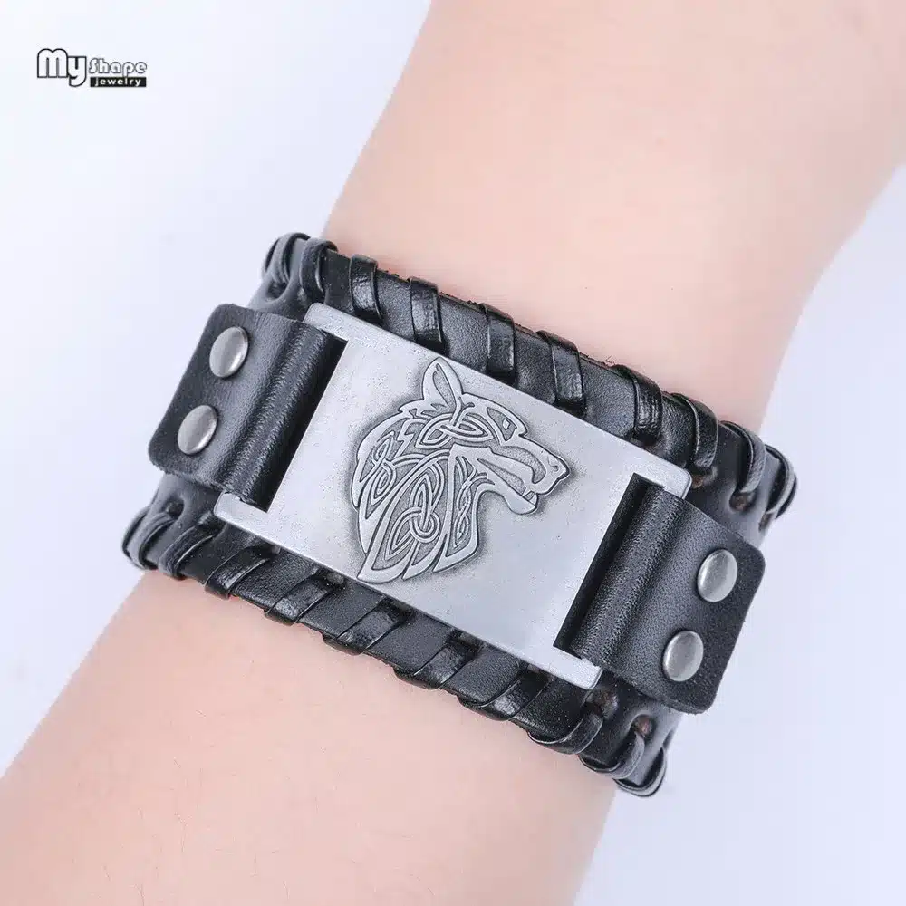 My Shape Vintage Religion Bangle Viking Wolf Bracelet Men Wide Genuine Leather Strap Bracelets Bangles Totem Jewery Accessories 43
