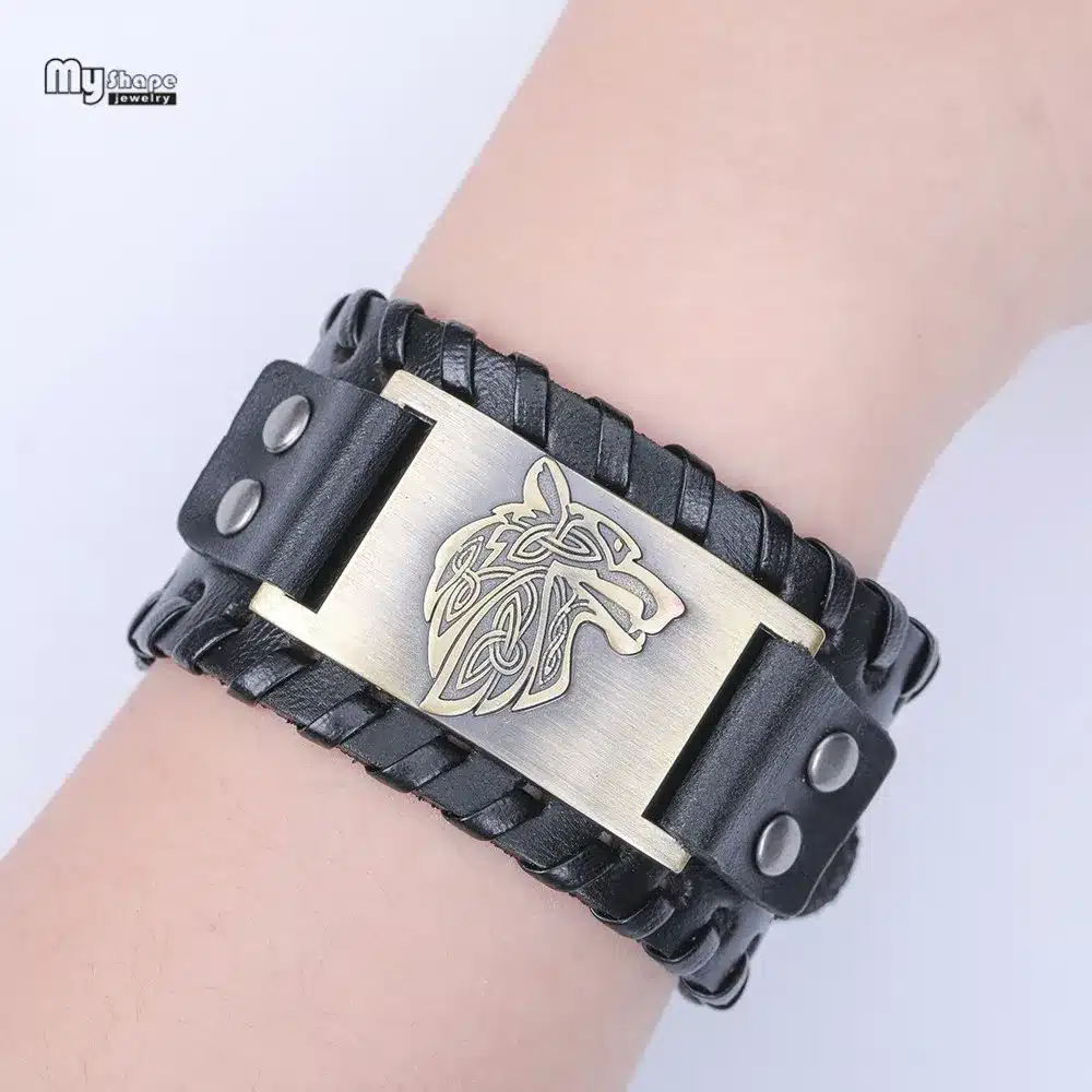My Shape Vintage Religion Bangle Viking Wolf Bracelet Men Wide Genuine Leather Strap Bracelets Bangles Totem Jewery Accessories 44