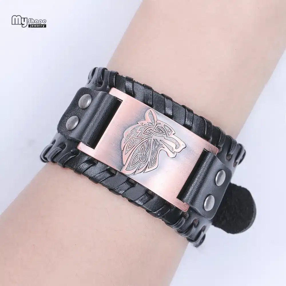 My Shape Vintage Religion Bangle Viking Wolf Bracelet Men Wide Genuine Leather Strap Bracelets Bangles Totem Jewery Accessories 45