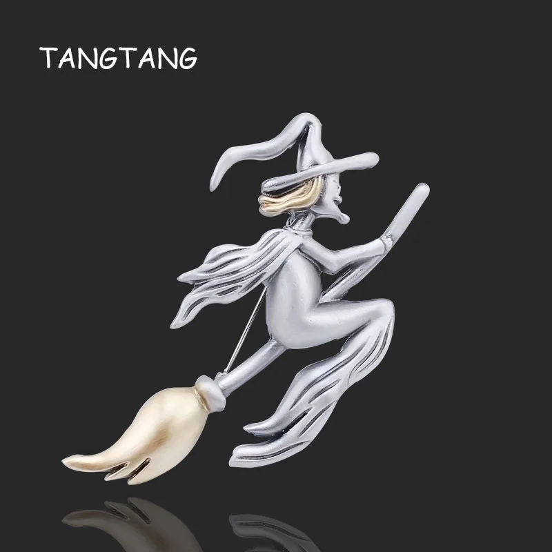 Top Quality Unique Metal Witch Riding A Broom in Flight Painted Yellow Oil With Hat Brooch Magical Halloween Silver Gift Jewelry 5