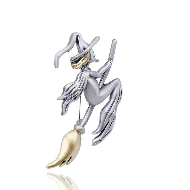 Top Quality Unique Metal Witch Riding A Broom in Flight Painted Yellow Oil With Hat Brooch Magical Halloween Silver Gift Jewelry 6