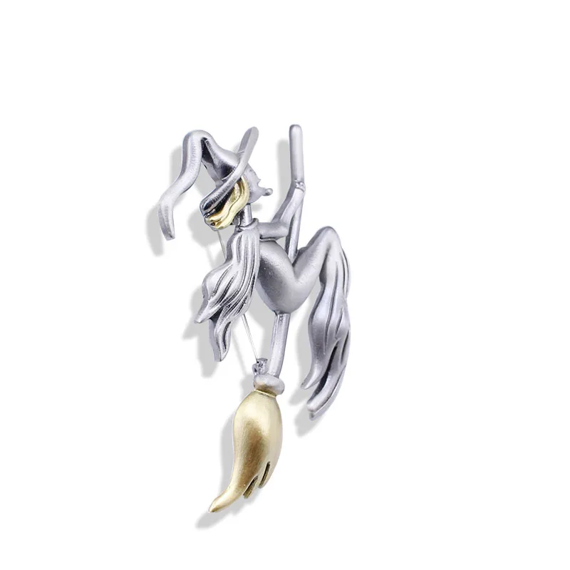 Top Quality Unique Metal Witch Riding A Broom in Flight Painted Yellow Oil With Hat Brooch Magical Halloween Silver Gift Jewelry 10