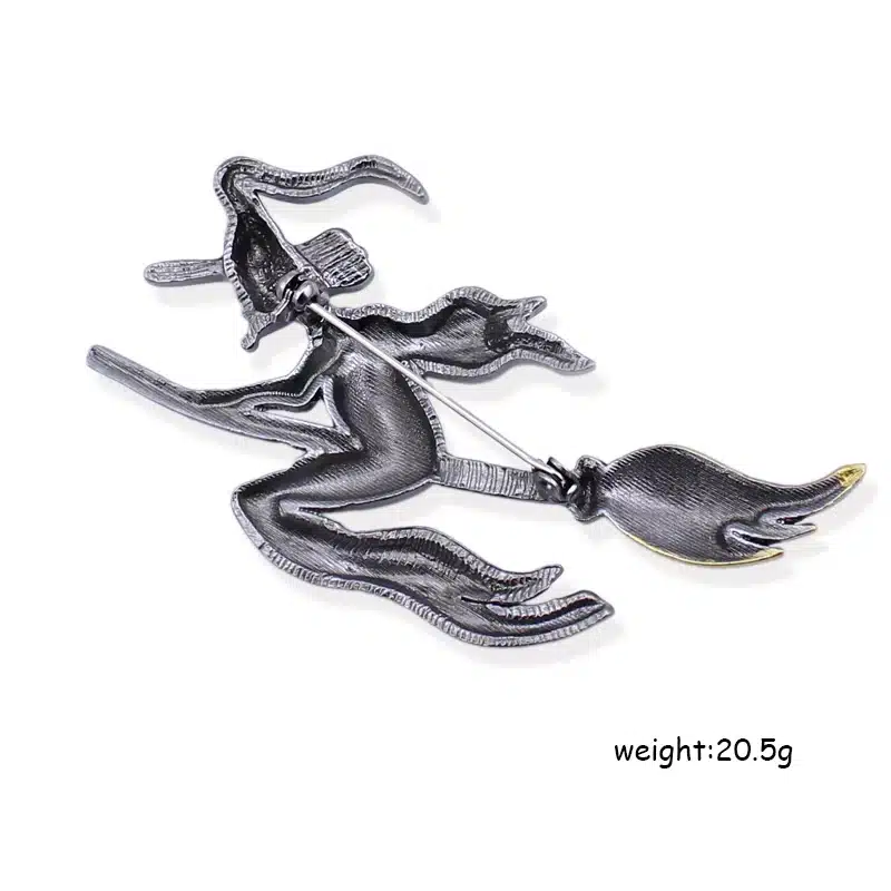 Top Quality Unique Metal Witch Riding A Broom in Flight Painted Yellow Oil With Hat Brooch Magical Halloween Silver Gift Jewelry 11