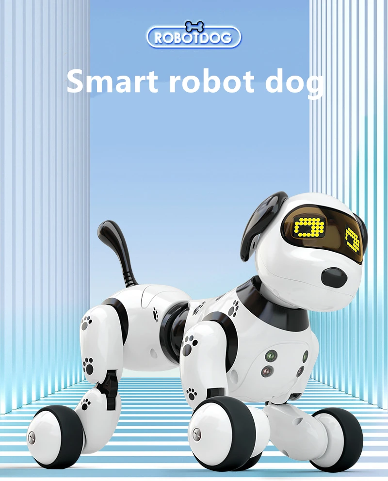 valge ja musta värvi robot-koer ratastel, millel on LED-ekraaniga nägu