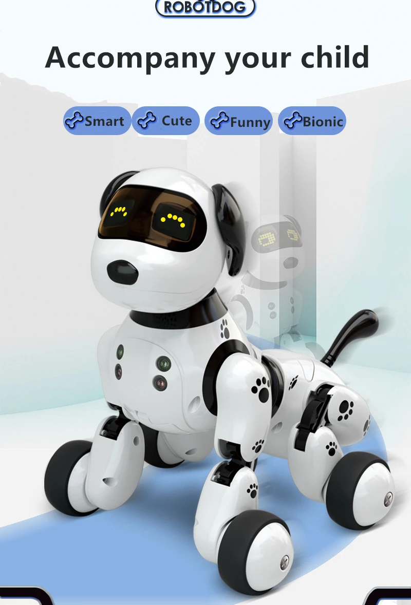 valge ja musta värvi puldiga juhitav robot-koer, millel on rattad ja ekraaniga nägu