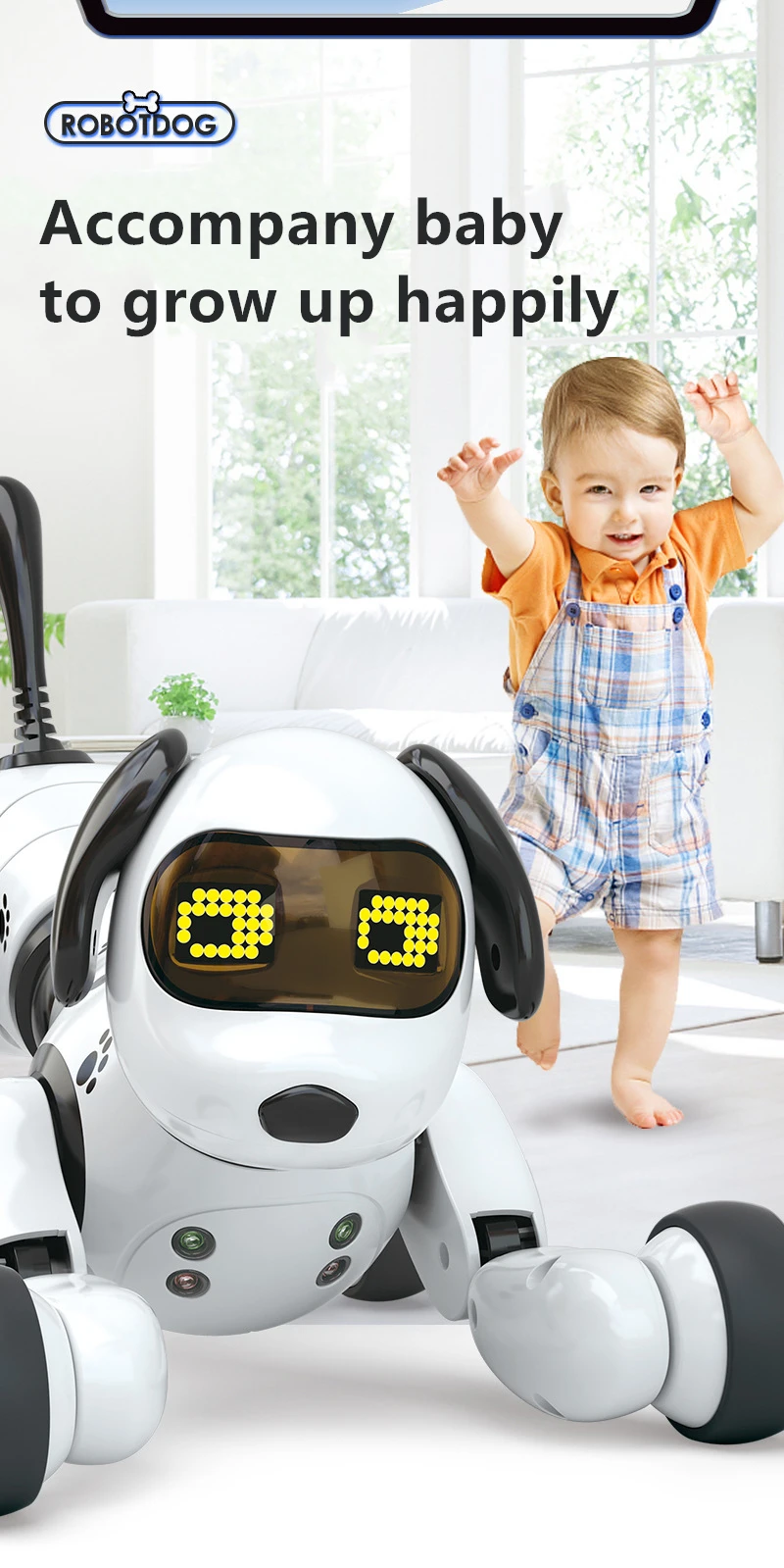 valge puldiga juhitav robot-koer mustade detailidega, millel on ekraanil kollased silmad