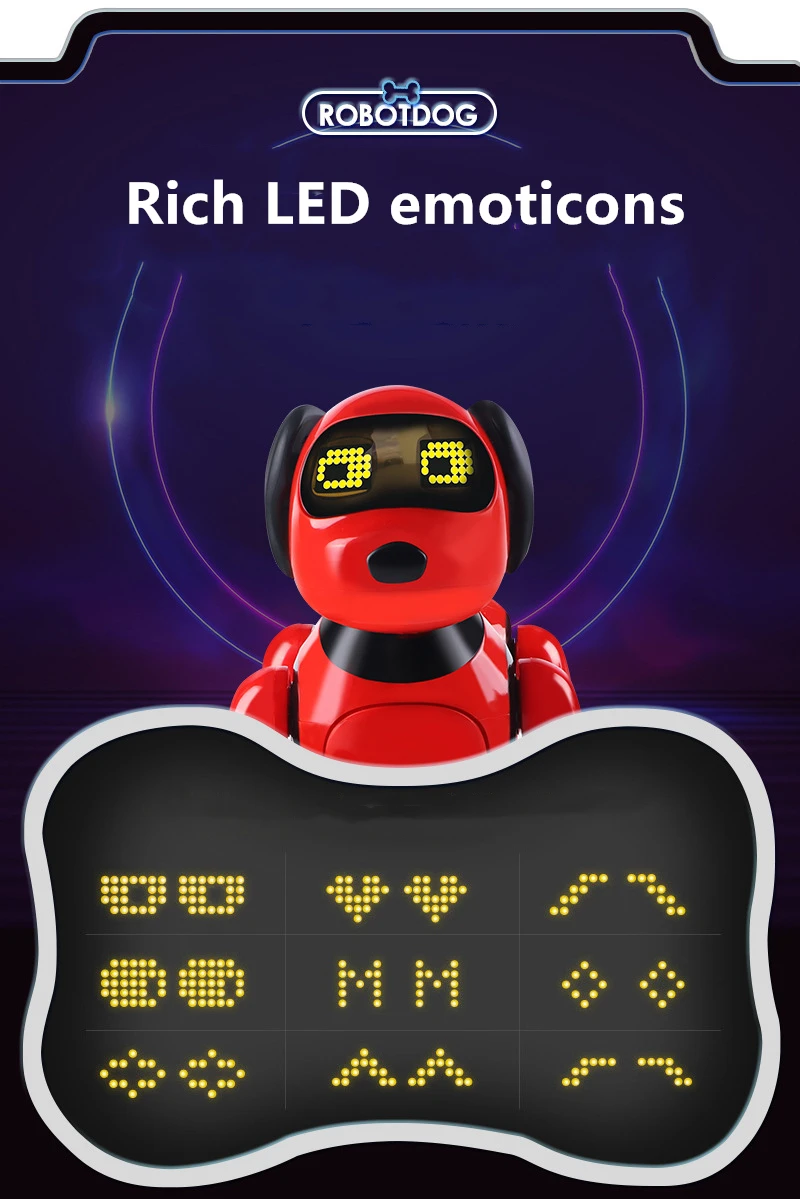 punane robot-koer LED ekraaniga, mis kuvab erinevaid emotikone