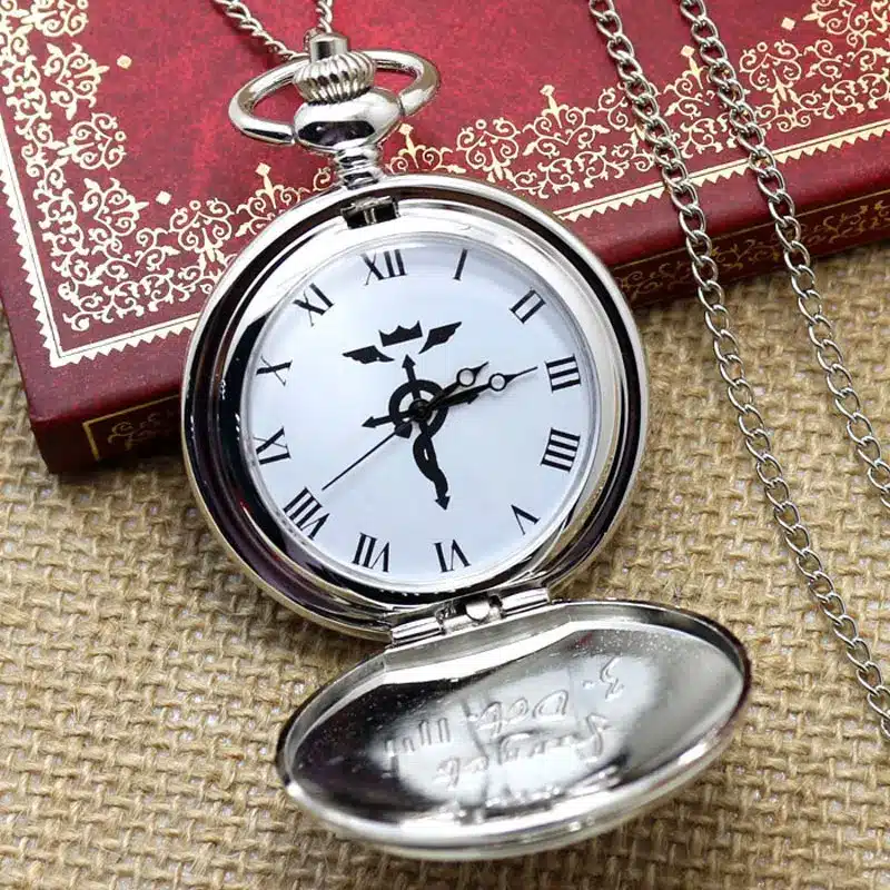 Cool Smooth Silver Fullmetal Alchemist Case Design Roman Number Dial Quartz Fob Pocket Watches with Necklace Chain for Children 3