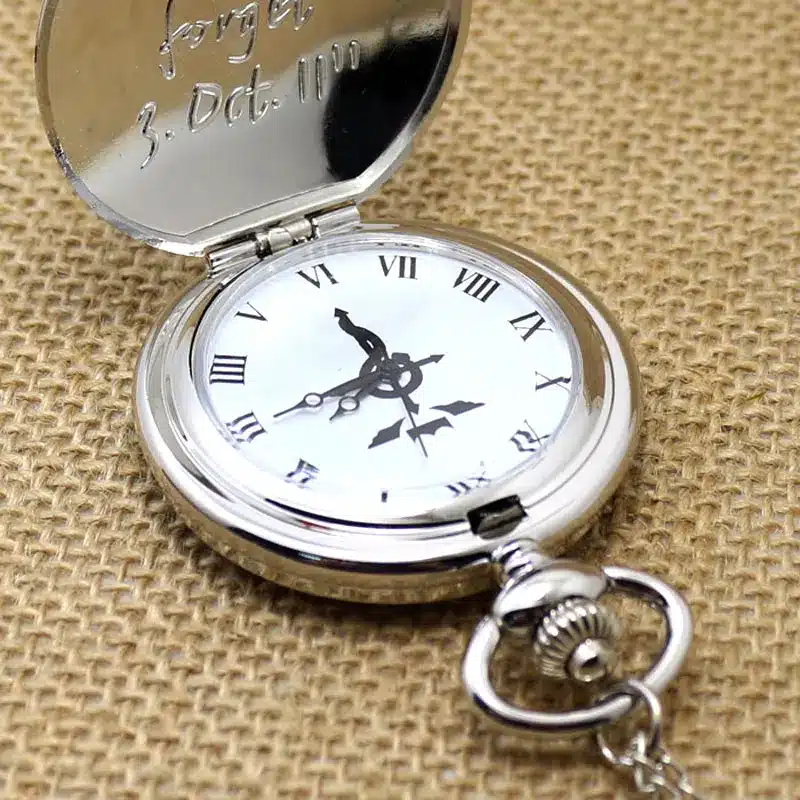 Cool Smooth Silver Fullmetal Alchemist Case Design Roman Number Dial Quartz Fob Pocket Watches with Necklace Chain for Children 4