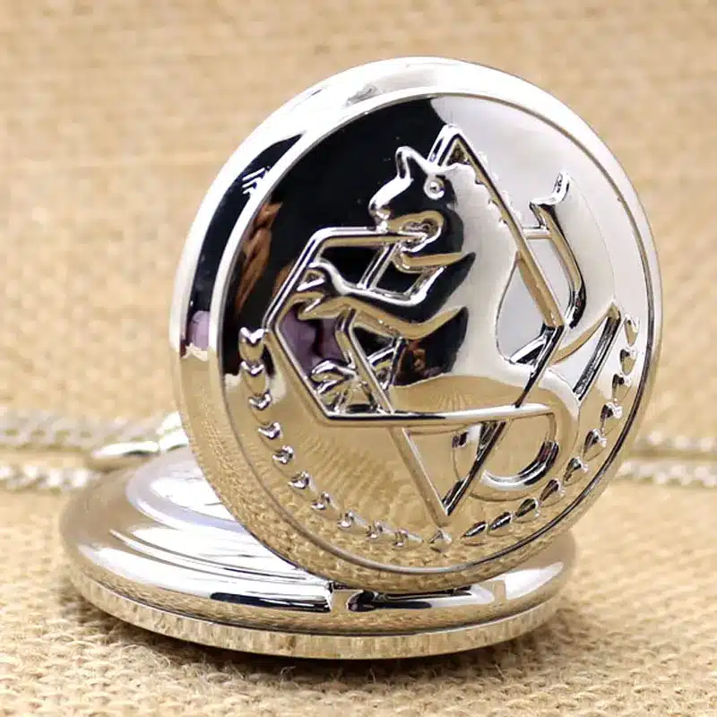 Cool Smooth Silver Fullmetal Alchemist Case Design Roman Number Dial Quartz Fob Pocket Watches with Necklace Chain for Children 5