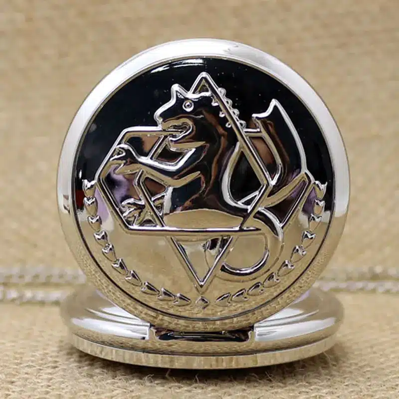 Cool Smooth Silver Fullmetal Alchemist Case Design Roman Number Dial Quartz Fob Pocket Watches with Necklace Chain for Children 7