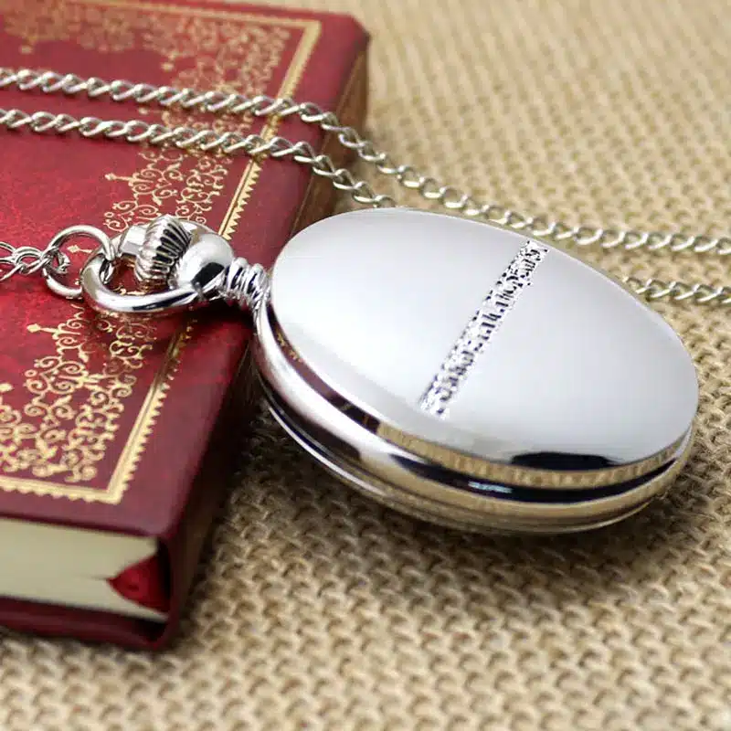 Cool Smooth Silver Fullmetal Alchemist Case Design Roman Number Dial Quartz Fob Pocket Watches with Necklace Chain for Children 8