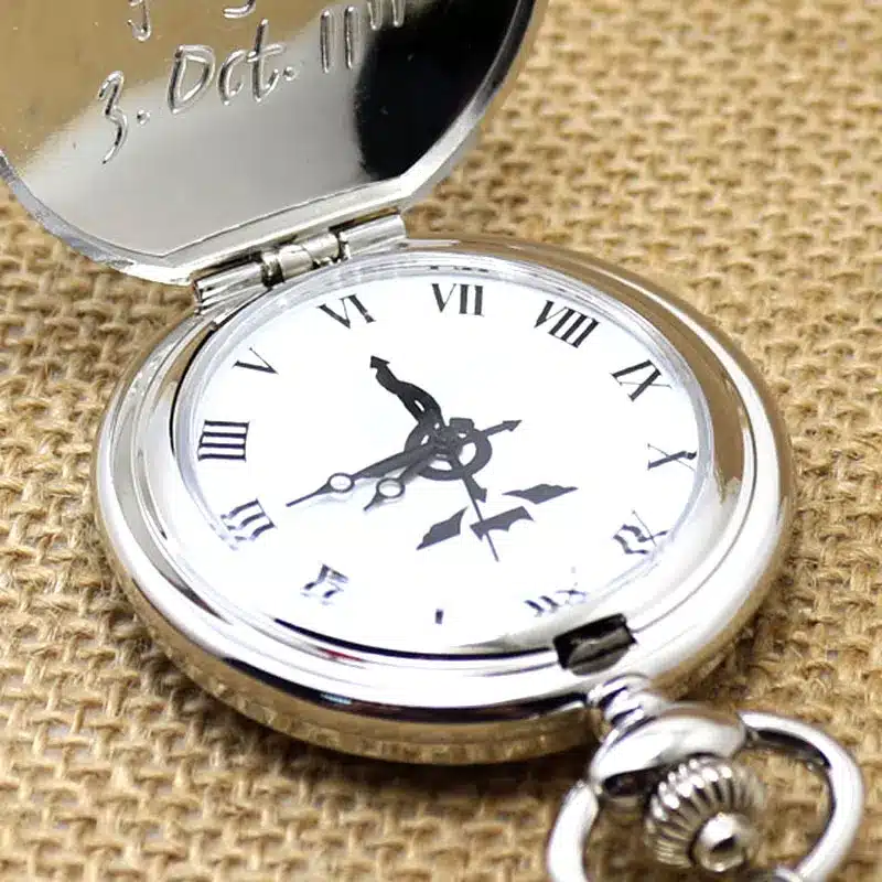 Cool Smooth Silver Fullmetal Alchemist Case Design Roman Number Dial Quartz Fob Pocket Watches with Necklace Chain for Children 9