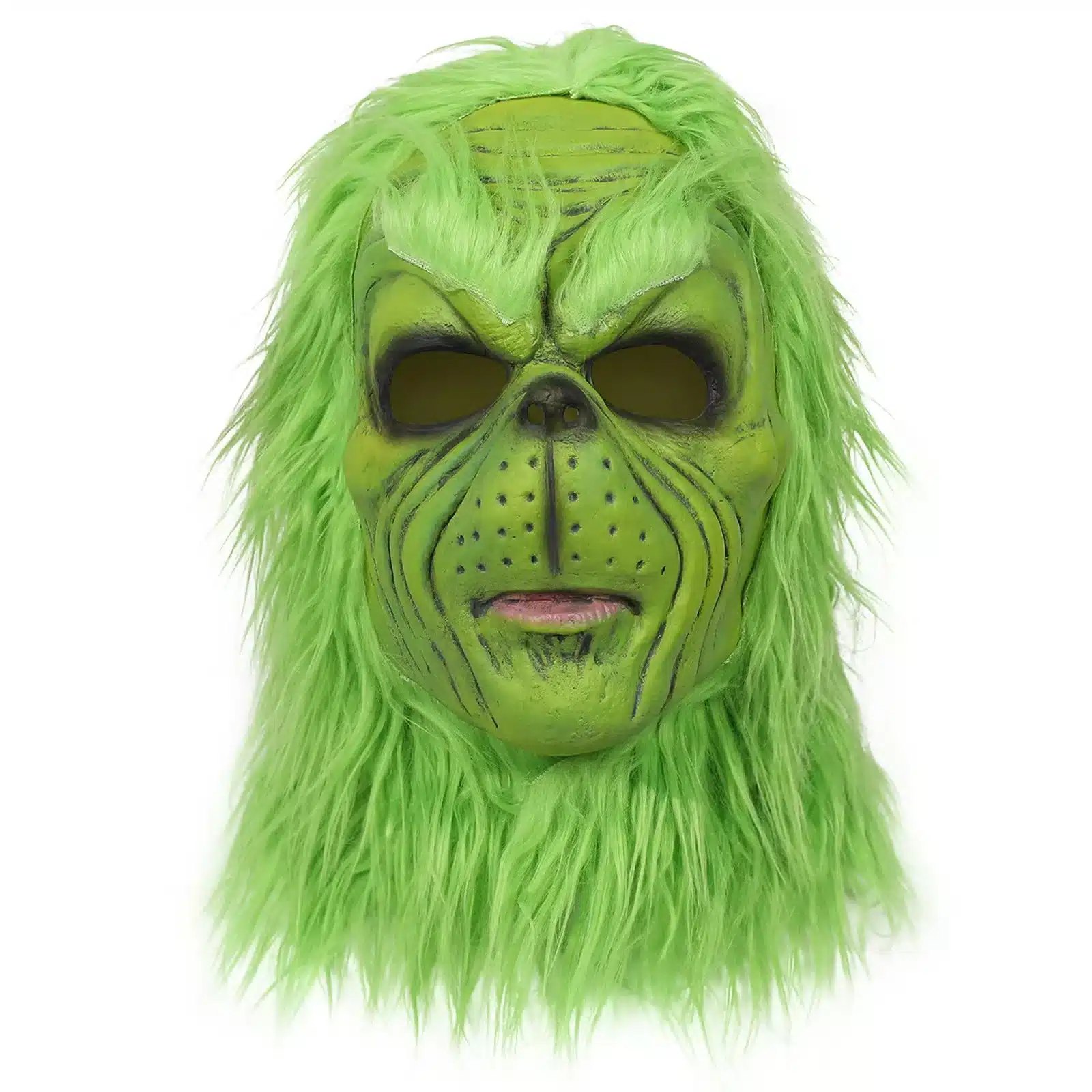 roheline karvane mask, millel on grimmi nägu ja mustad jooned
