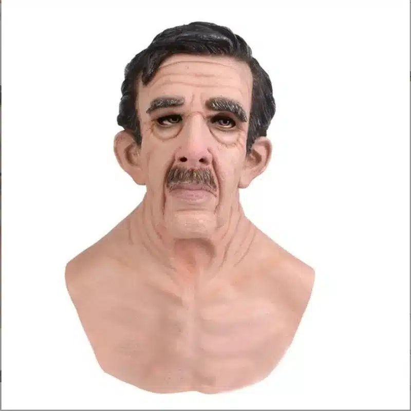 realistlik lateksist mask vanema mehe näoga, millel on vuntsid ja kortsud