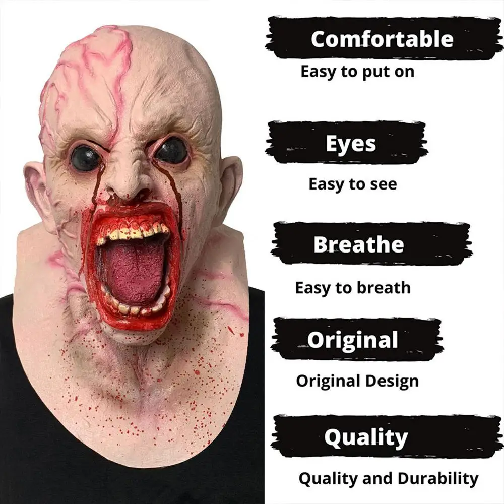 hirmutav zombi mask avatud suu ja veriste detailidega
