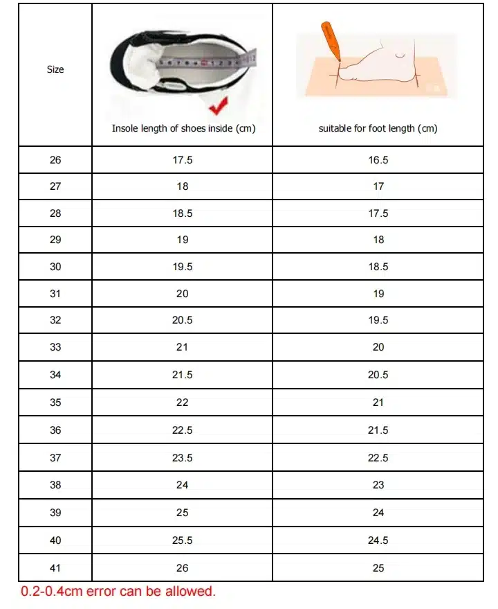 Tüdrukute lihtsate mustade või valgete kingade suurusetabel, mis näitab kinga sisetalla pikkust ja vastavat jala pikkust sentimeetrites. Pildil on musta ja valge kinga kõrval mõõdulint.