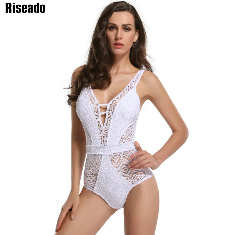Riseado 2017 One Piece Swimsuit Sexy Swimwear Women Hollow Out Bandage Strap U-back Solid Swimsuit Summer Bathing Suits 7