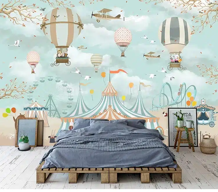 tapeet tsirkuse ja kuumaõhupallide illustratsiooniga, pastelsed toonid