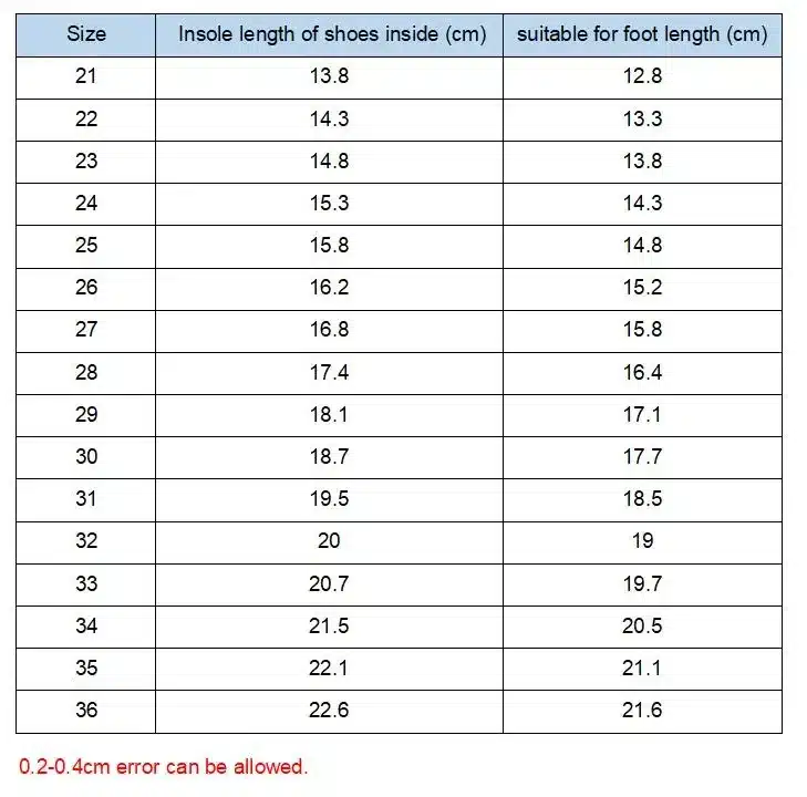 tabel laste sandaalide suuruste ja sisetalla pikkustega