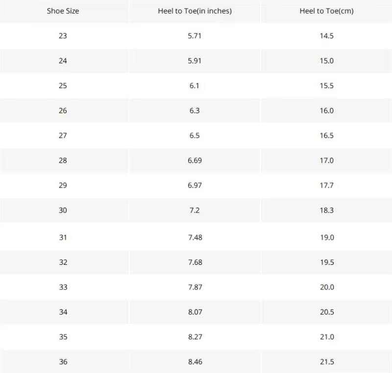 laste jalanõude suuruste tabel, mis näitab suurusi vahemikus 23 kuni 36 koos mõõtudega tollides ja sentimeetrites