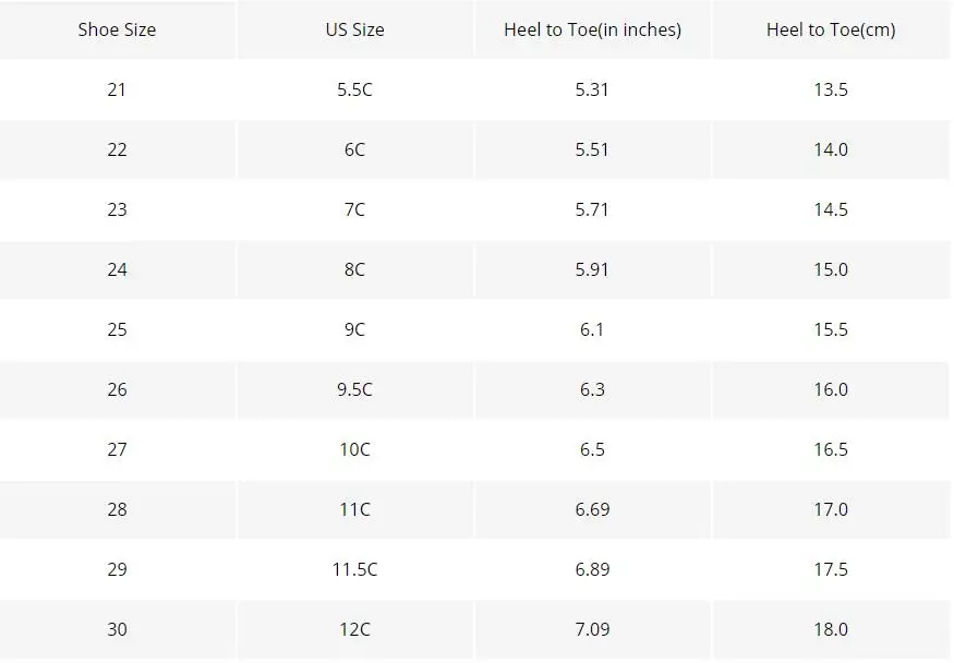 suuruste tabel laste tossudele, sisaldab Euroopa ja USA suurusi ning mõõte tollides ja sentimeetrites