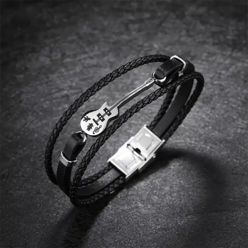 AZIZ BEKKAOUI Unique Stainless Steel Guitar Bracelets Customized Logo Leather Bracelet for Men Rope Bangle Drop shipping 13